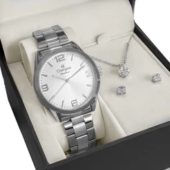 Relógio Feminino Champion Analógico Prata CN29893C Original + Conjunto Colar E Brinco Prata