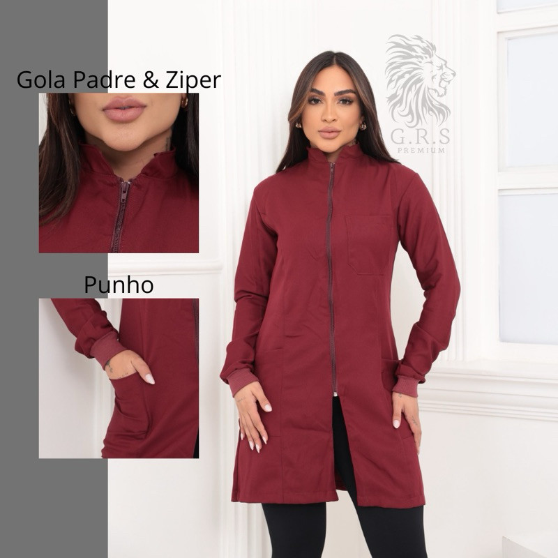 Jaleco Marsala/Vinho Elegante Com Zíper Punho E Gola Padre Feminino, Avental Para Profissões