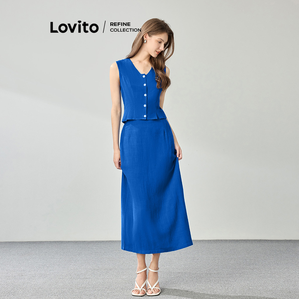Detalhes do (KOL‘s pick) (Lovito Refine) Tops ou calças femininas elegantes com botões lisos LR1ED013