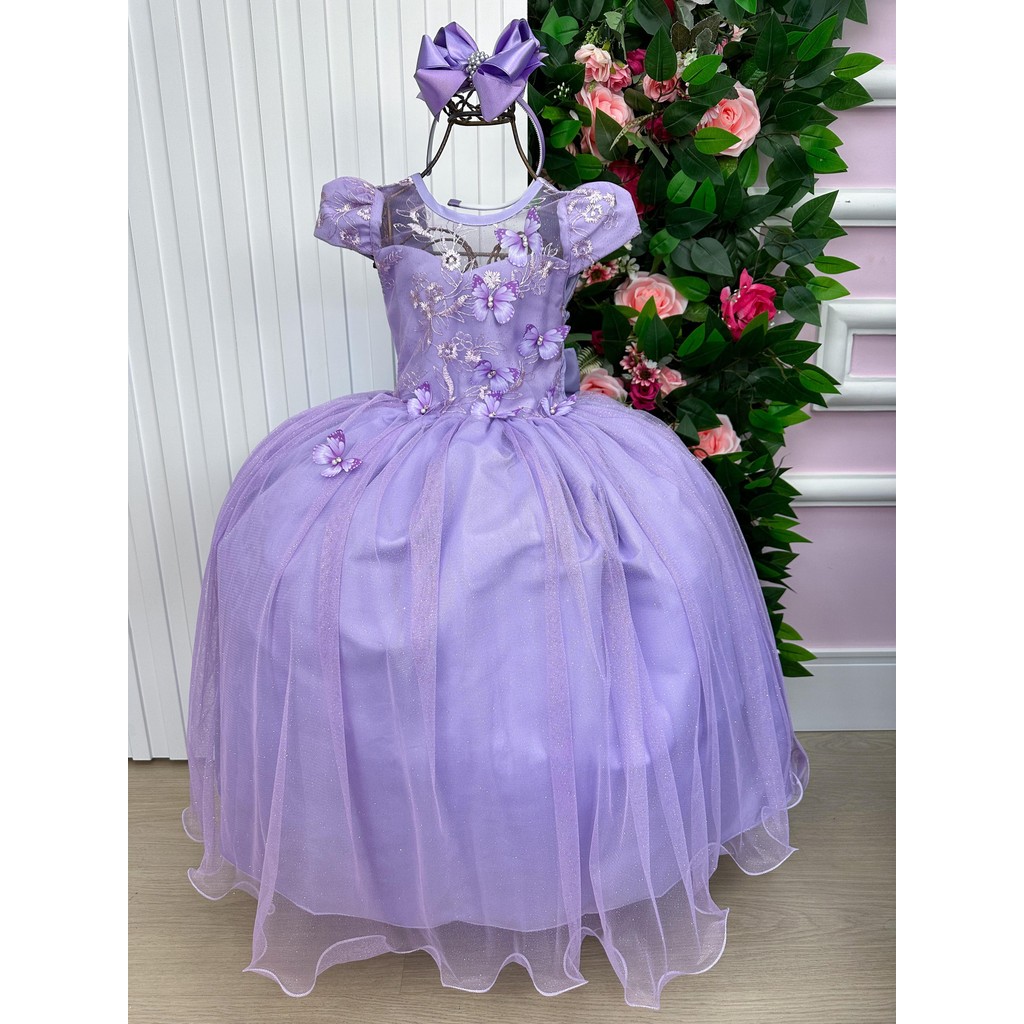 Vestido Vila Lele Longo Jardim Encantado Borboletas Lilas