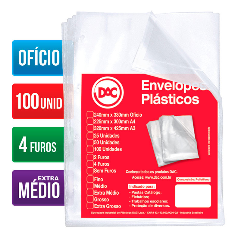 Envelope plástico ofício 0.12 4 furos 5178 pacote com 100 unidades Dac