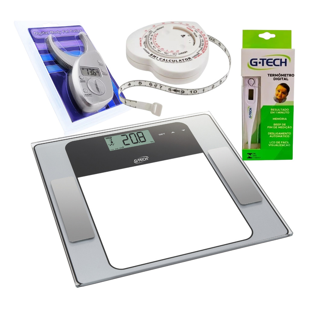 Kit Avaliação Física Balança G-Tech Plicômetro Digital Termômetro Trena Corporal IMC