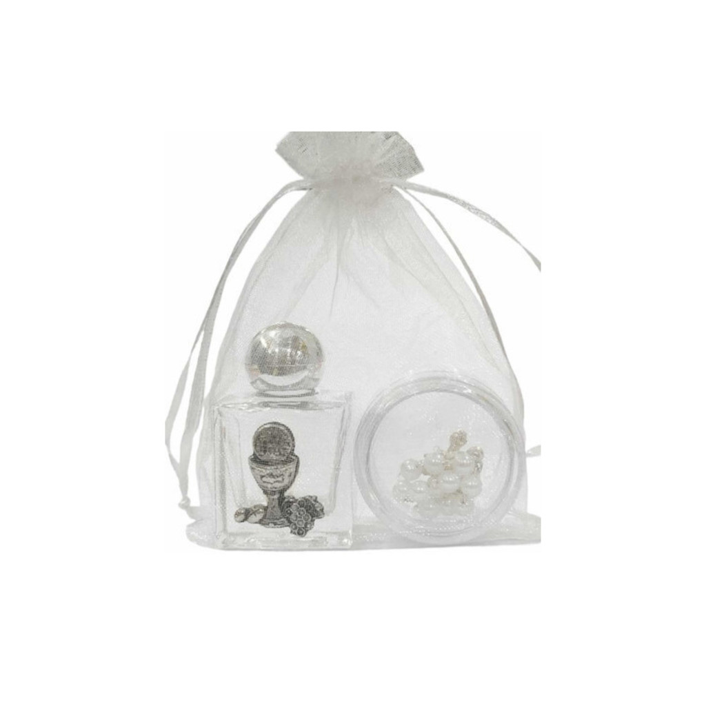 40 Kit Vidro + Porta Terço Eucaristia Prata - C/ Dezena (sem medalha no porta terço)