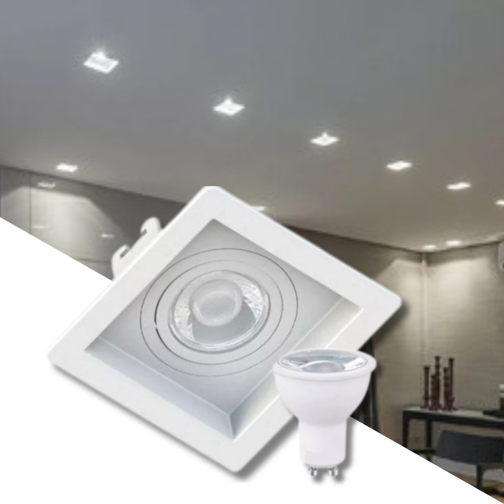 Kit 10 Spot Embutir Direcionável Quadrado Recuado Branco com Lâmpada Dicroica Led 7w MR16 GU10 BQ BF em Oferta na Shopee