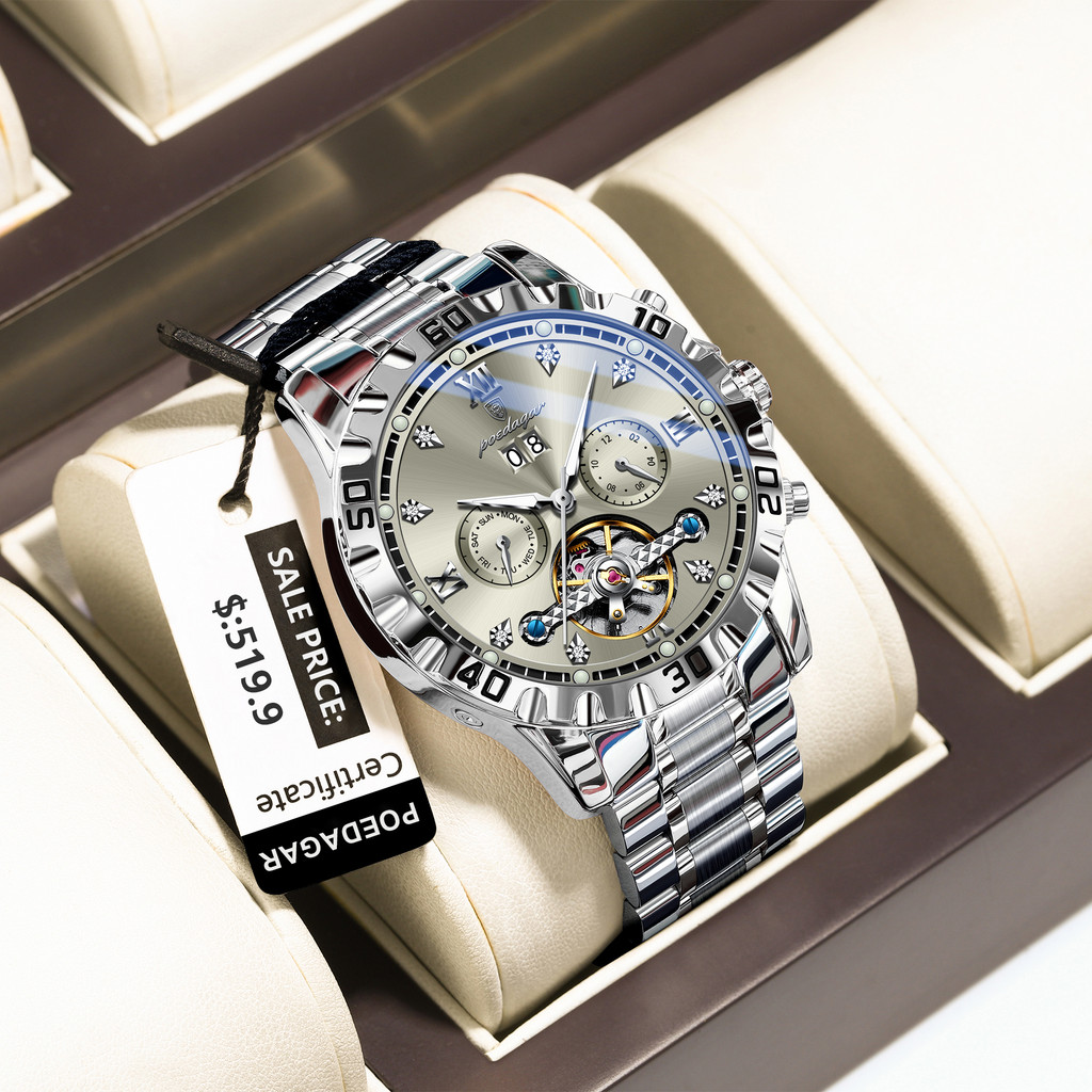 Relógio POEDAGAR , Mecânico Automático De Luxo , Com Turbilhão Oco E Masculino Multifuncional De Aço Inoxidável À Prova