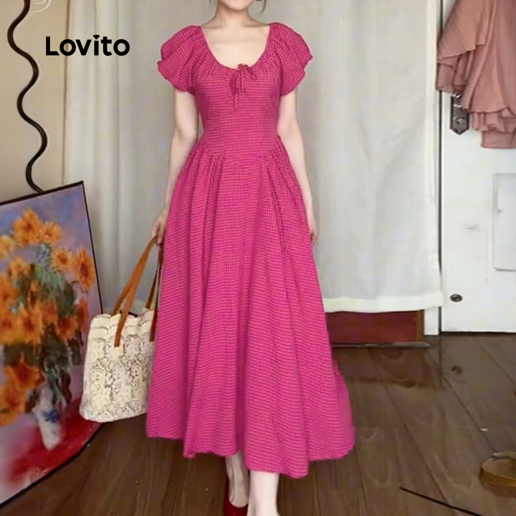 (Trendy) Lovito Vestido Boho xadrez com cadarço e mangas bufantes para mulheres L131LD1055 em Oferta na Shopee