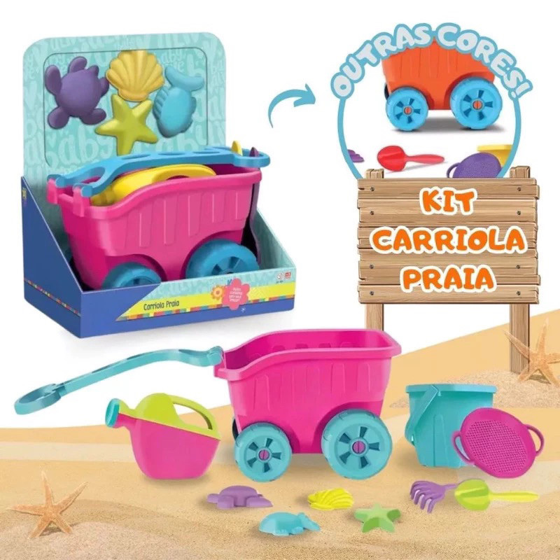 Brinquedo Carriola De Praia Pink Com Acessórios Infantil Castelinho De Areia Baldinho Regador