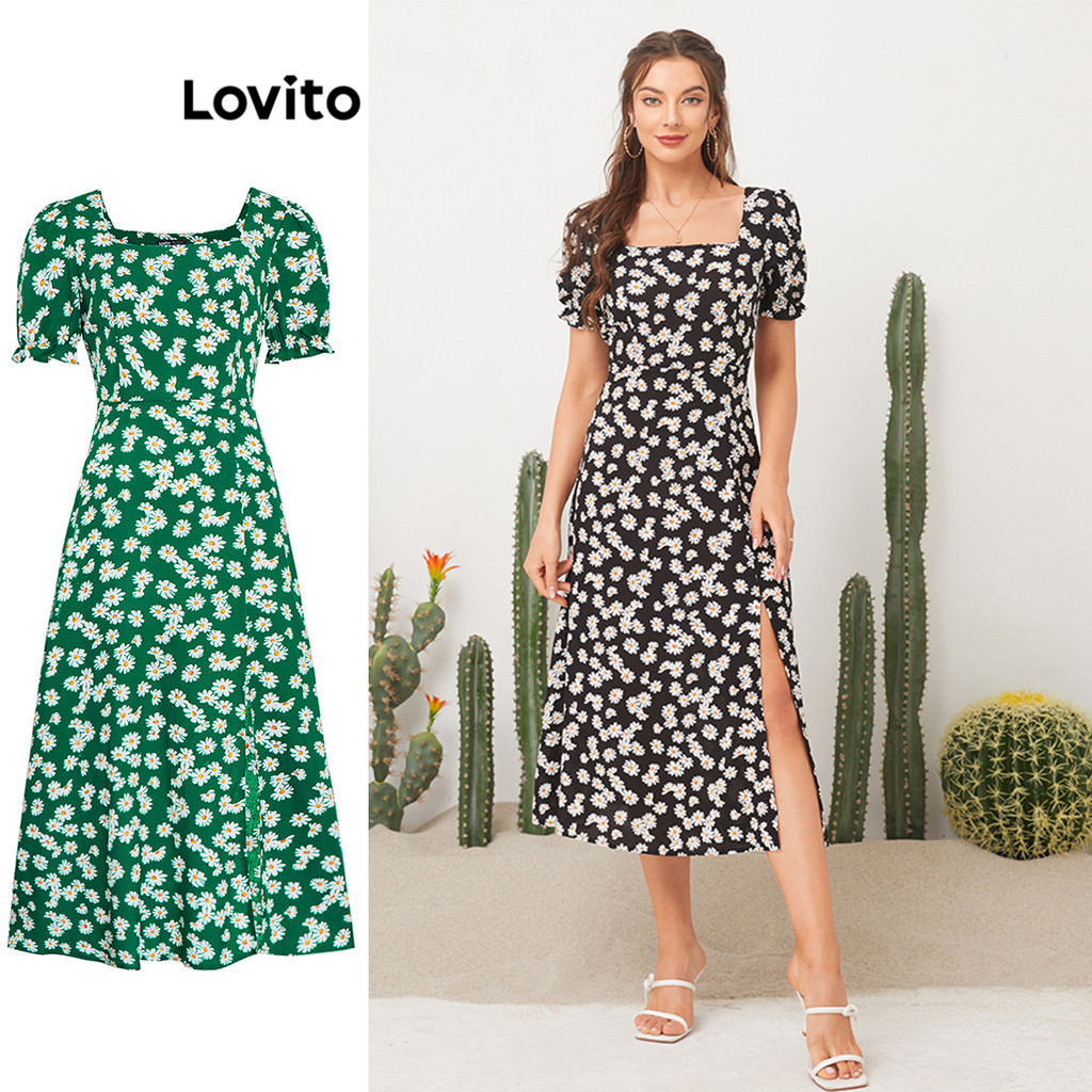 Lovito Vestido Casual Com Estampa Floral E Decote Quadrado Vestido Longo Para Mulheres L11D32 (Preto) - Women Clothes
