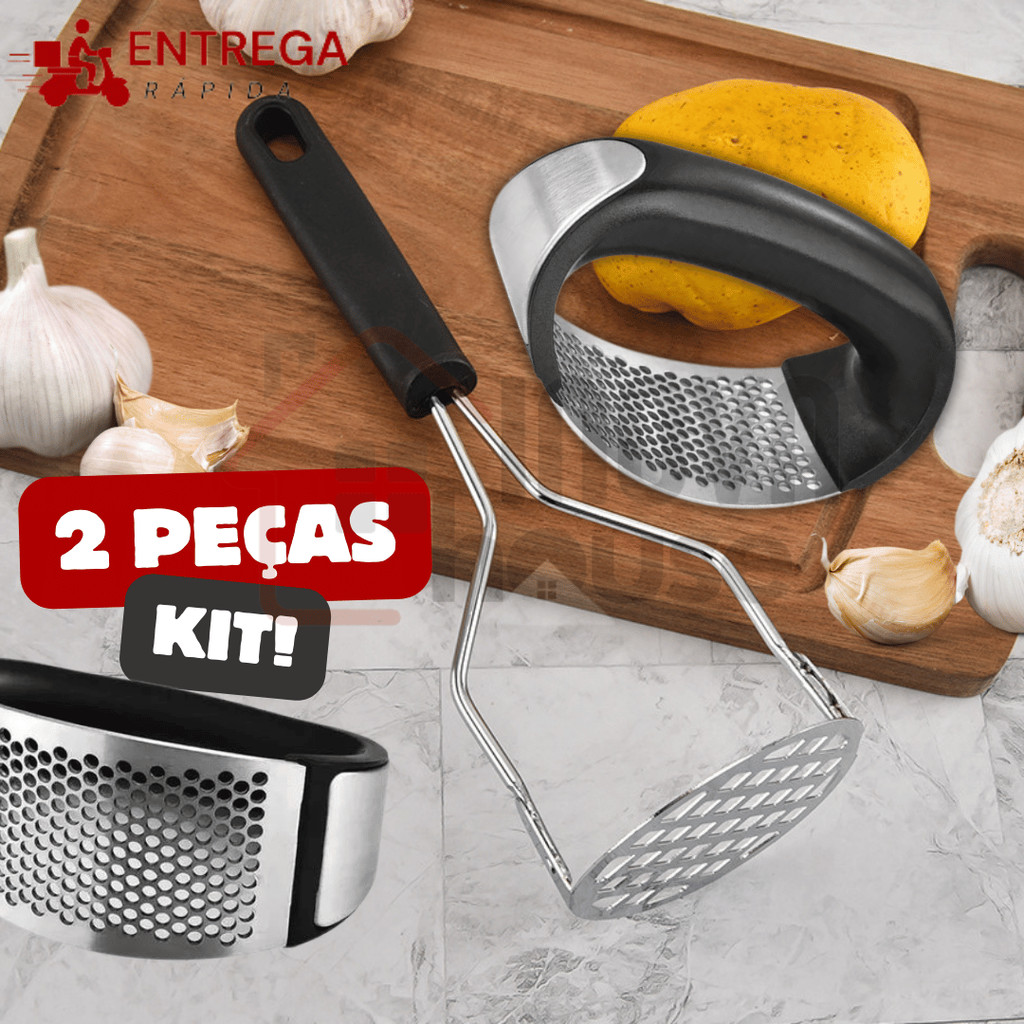 Kit 2 Peças Utensílios para Cozinha Espremedor de Alho e Amassador de Batata em Aço Inox com Design Ergonômico