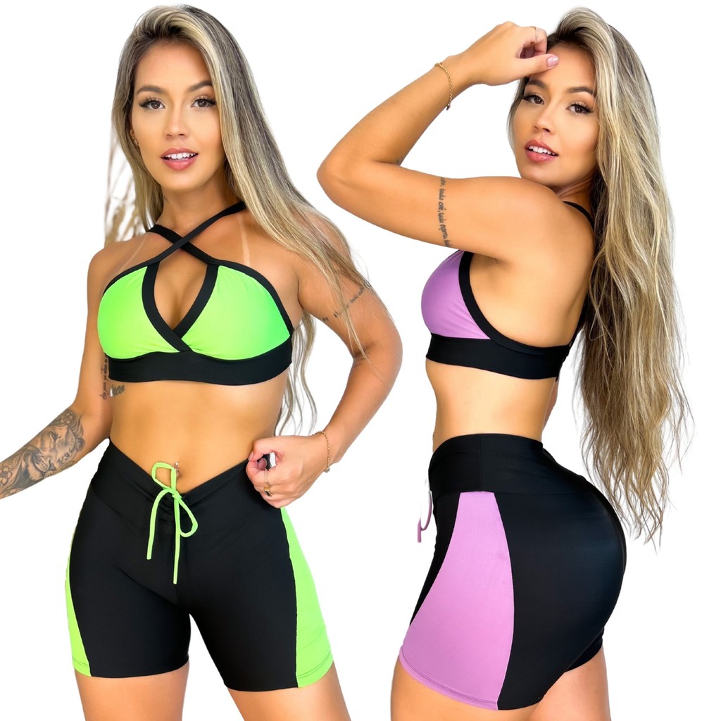 Conjunto Fitness Academia Short Cadarço e Top Cores diversas em Oferta na Shopee