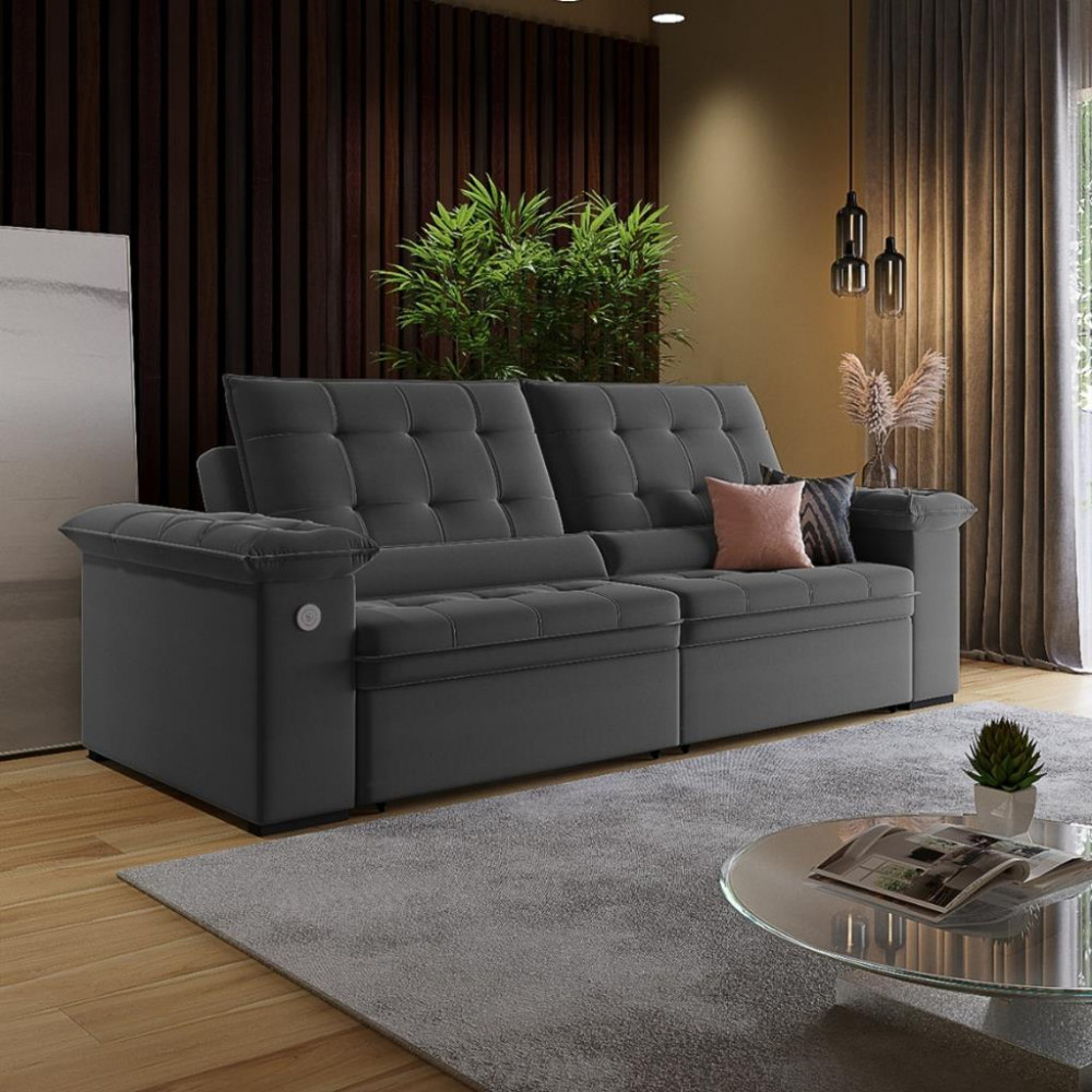 Sofá 3 Lugares Retrátil Reclinável com USB Veludo 200cm Khalifa Wood Estofados em Oferta na Shopee