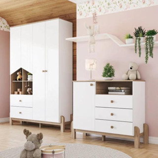 Quarto de Bebê Guarda Roupa 4 Portas e Cômoda Ternura Henn em Oferta na Shopee