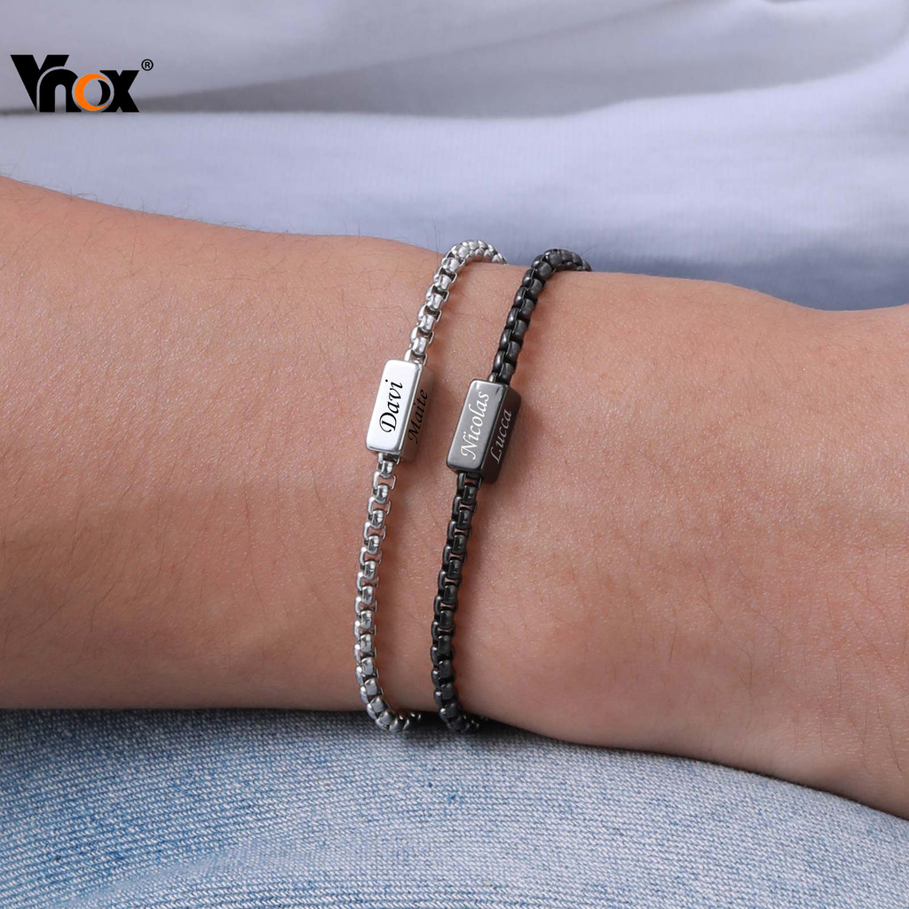 Pulseira Ajustável De Aço Inoxidável Com Corrente De Caixa De Nome Personalizada Vnox Para Homens , Geométrica Gravado , em Oferta na Shopee