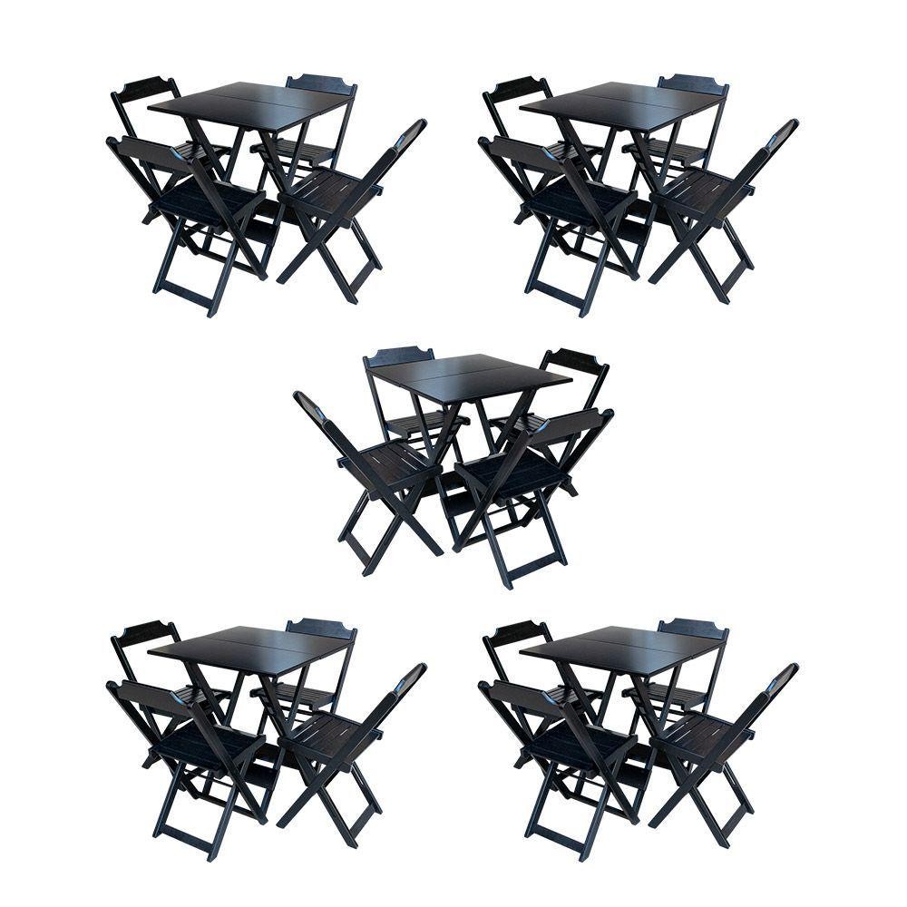 Kit 5 Conjuntos De Mesa Dobravel Com 4 Cadeiras De Madeira 70X70 Para Restaurante E Bar - Preto