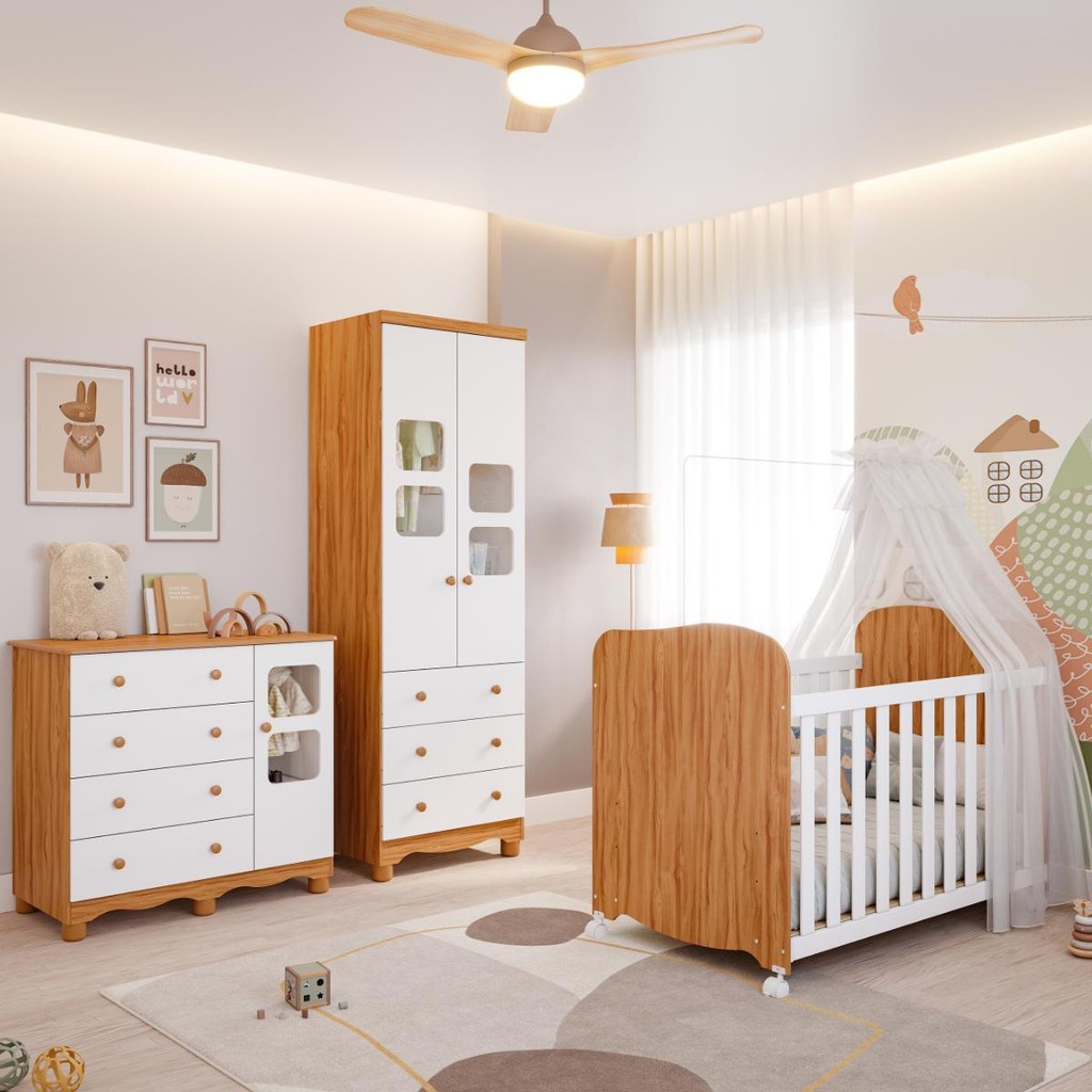 Quarto de Bebê Completo Berço Americano Uli Guarda Roupa Uli 2 Portas Cômoda Uli 100%MDF Moveis Peroba