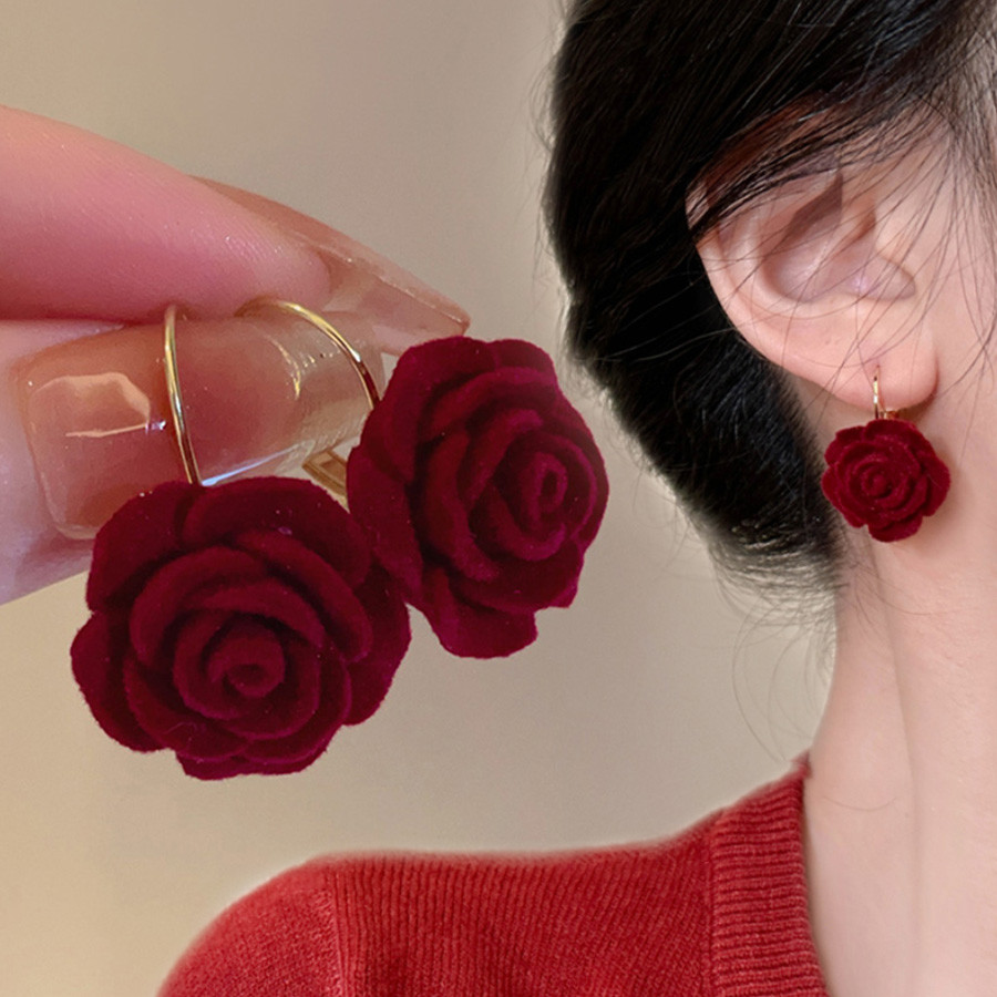 Ano novo vermelho rosa flor brincos feminino temperamento celebridade Retro estilo Hong Kong brincos em Oferta na Shopee
