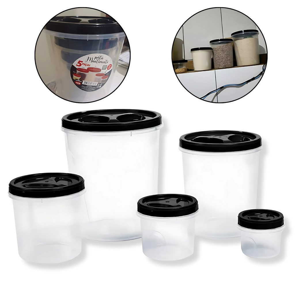Kit Porta Mantimentos 5 Potes com Tampa Para Cozinha Ideal Para Arroz e Grãos