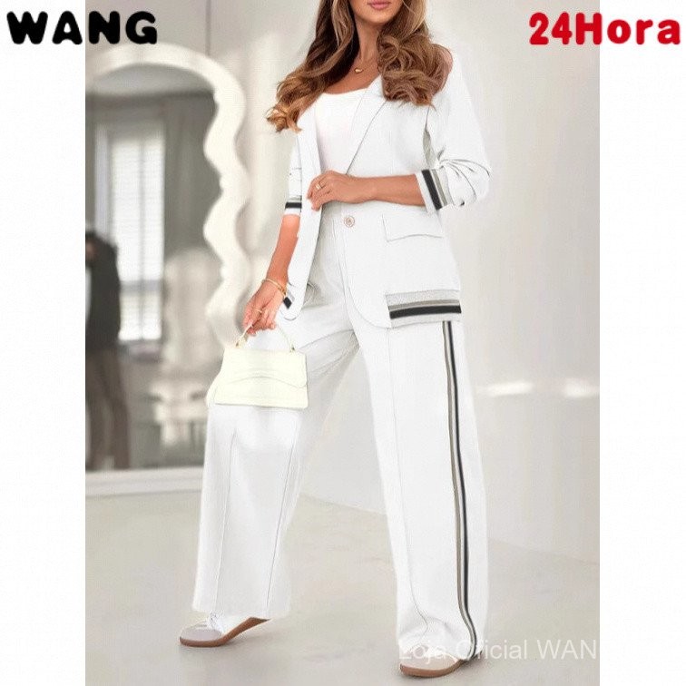 Conjunto de duas peças feminino elegante de cor sólida, blusa de manga longa com nervuras + calças compridas