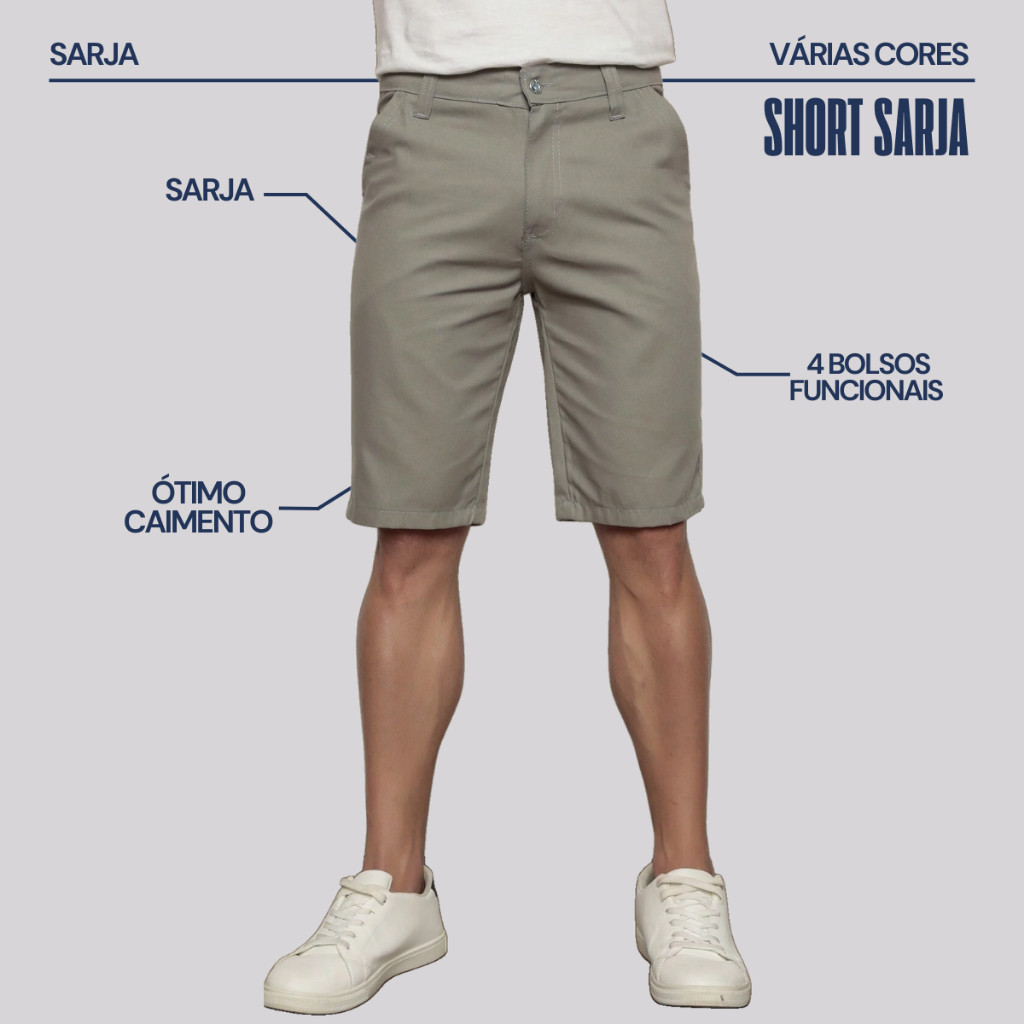 Bermuda Sarja 100% Algodão Short Leve Masculina Casual Confortável Cintura Ajustável Verão Dia a Dia Moda Premium — imagem 2 de 2