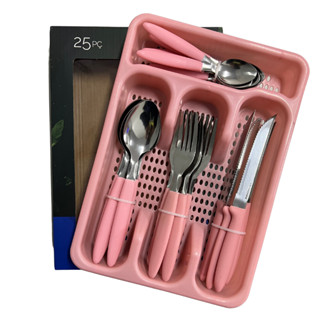 Jogo de Talheres Faqueiro Inox 25 Peças com Porta Talher Bandeja Organizador Rosa em Oferta na Shopee