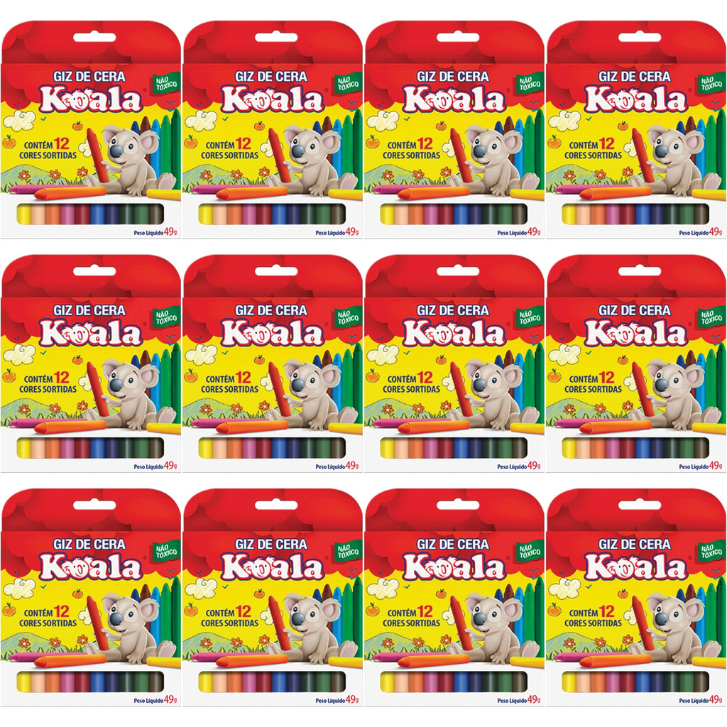 Giz de Cera 12 Cores Koala - 1 pacote com 12 estojos