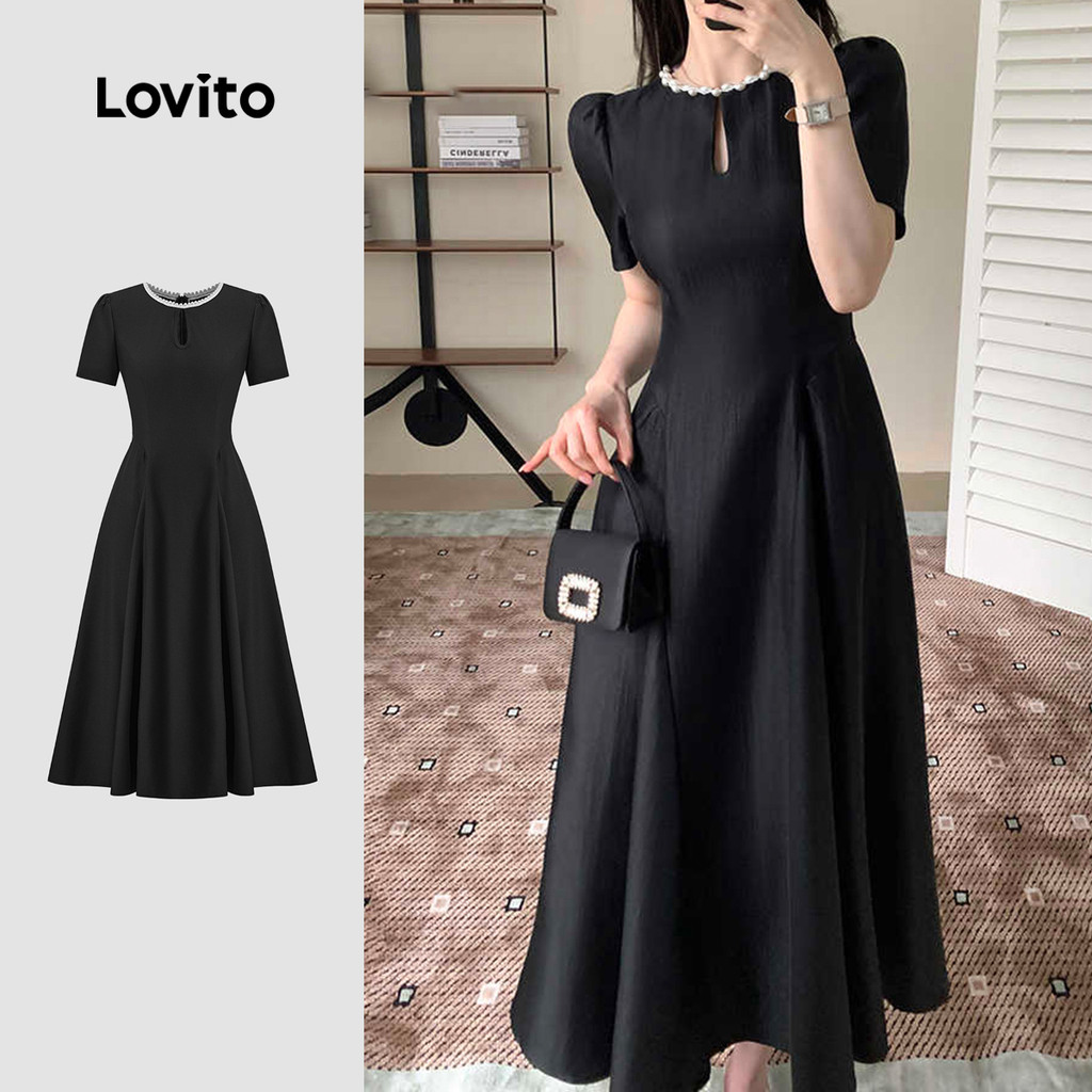Lovito Vestido elegante de pérolas lisas para mulheres L132ED117 - Women Clothes