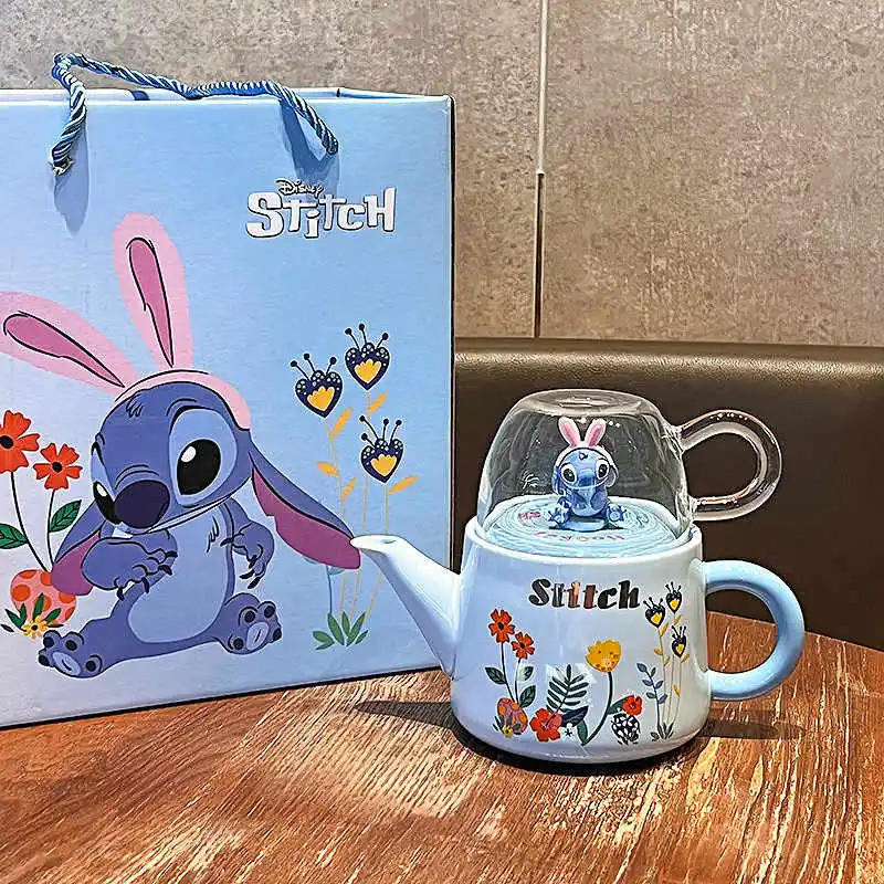 520ml Disney Stitch Periférico Bule Conjunto Copo De Vidro Cerâmica Bonito Dos Desenhos An...