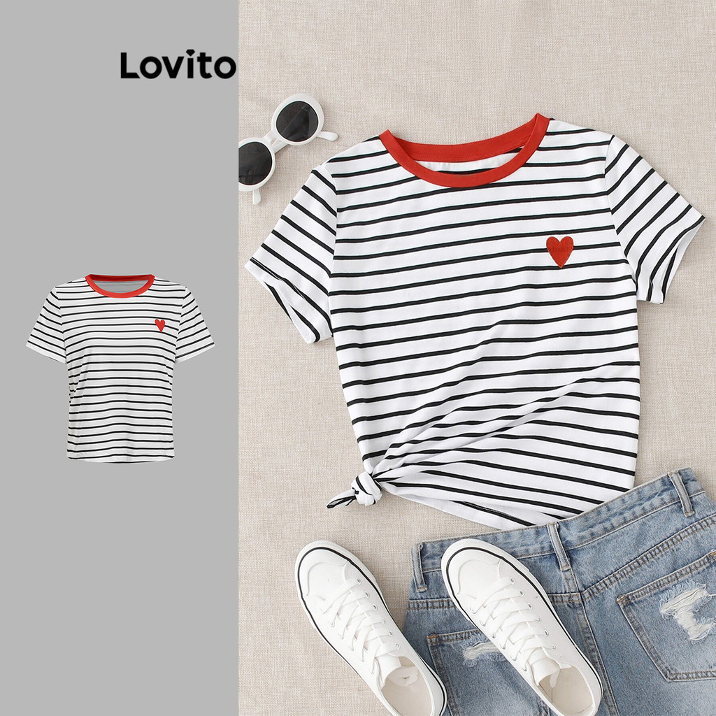 Lovito Camiseta Casual Listrada Com Costura Em Blocos De Cores Ideal Para Todas As Estações Do Ano Mulher L112ED151