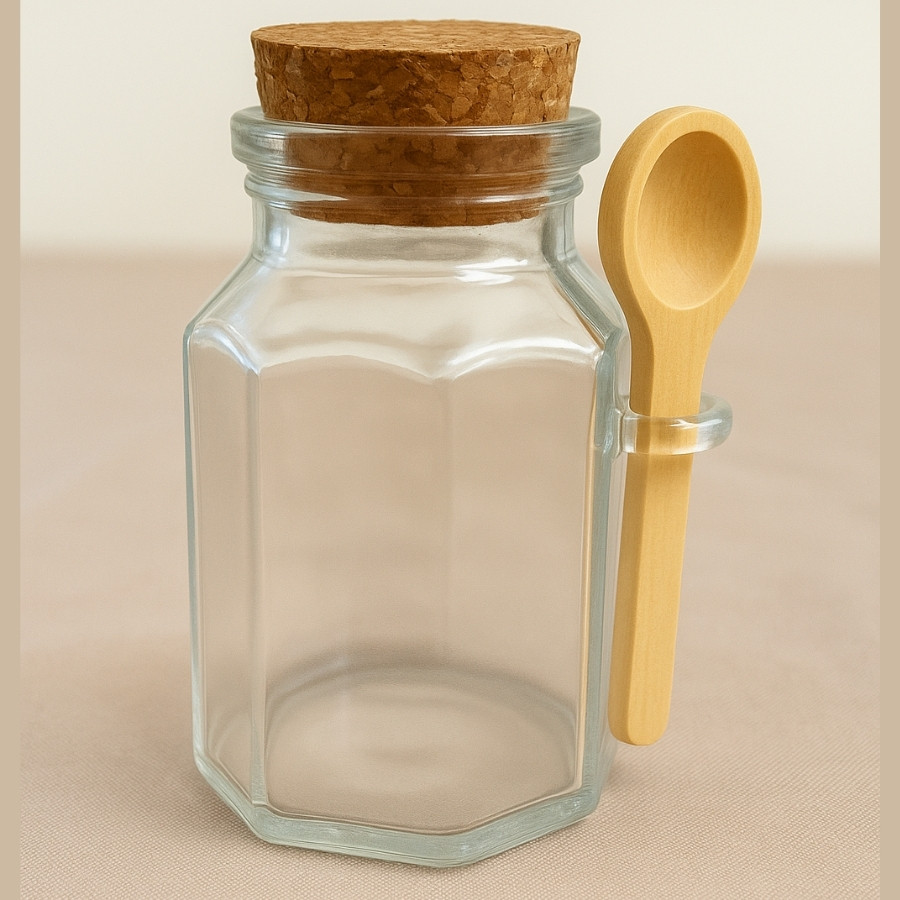 Mini Pote de Vidro Octogonal com Tampa de Rolha e Colherzinha de Madeira – 5,5x8x6,5cm - 80 ml - 1 unidade - Rizzo em Oferta na Shopee