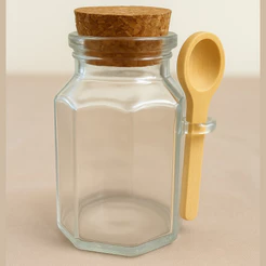 Mini Pote de Vidro Octogonal com Tampa de Rolha e Colherzinha de Madeira – 5,5x8x6,5cm - 80 ml - 1 unidade - Rizzo