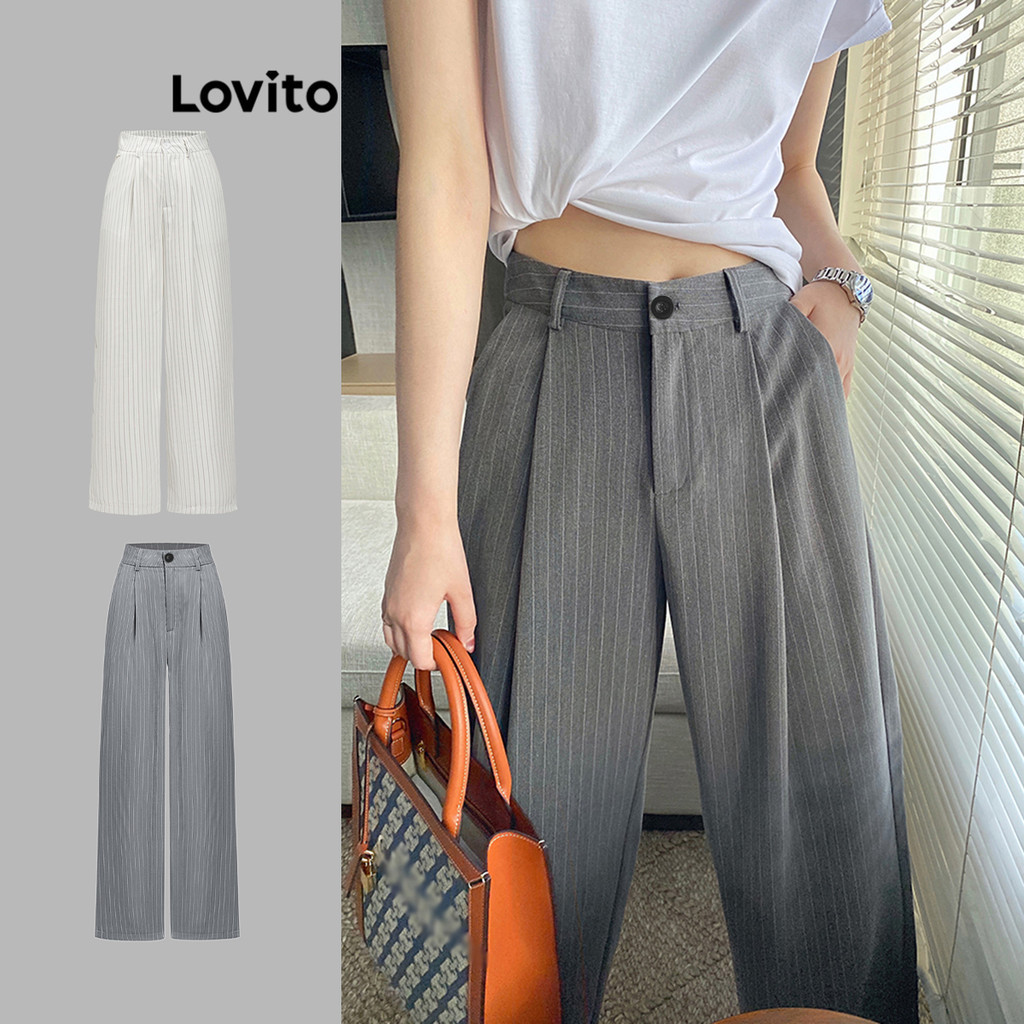 Lovito Calça Casual Listrada Com Estampa De Botão Para Mulheres L76AD101 (Multicolorido) em Oferta na Shopee
