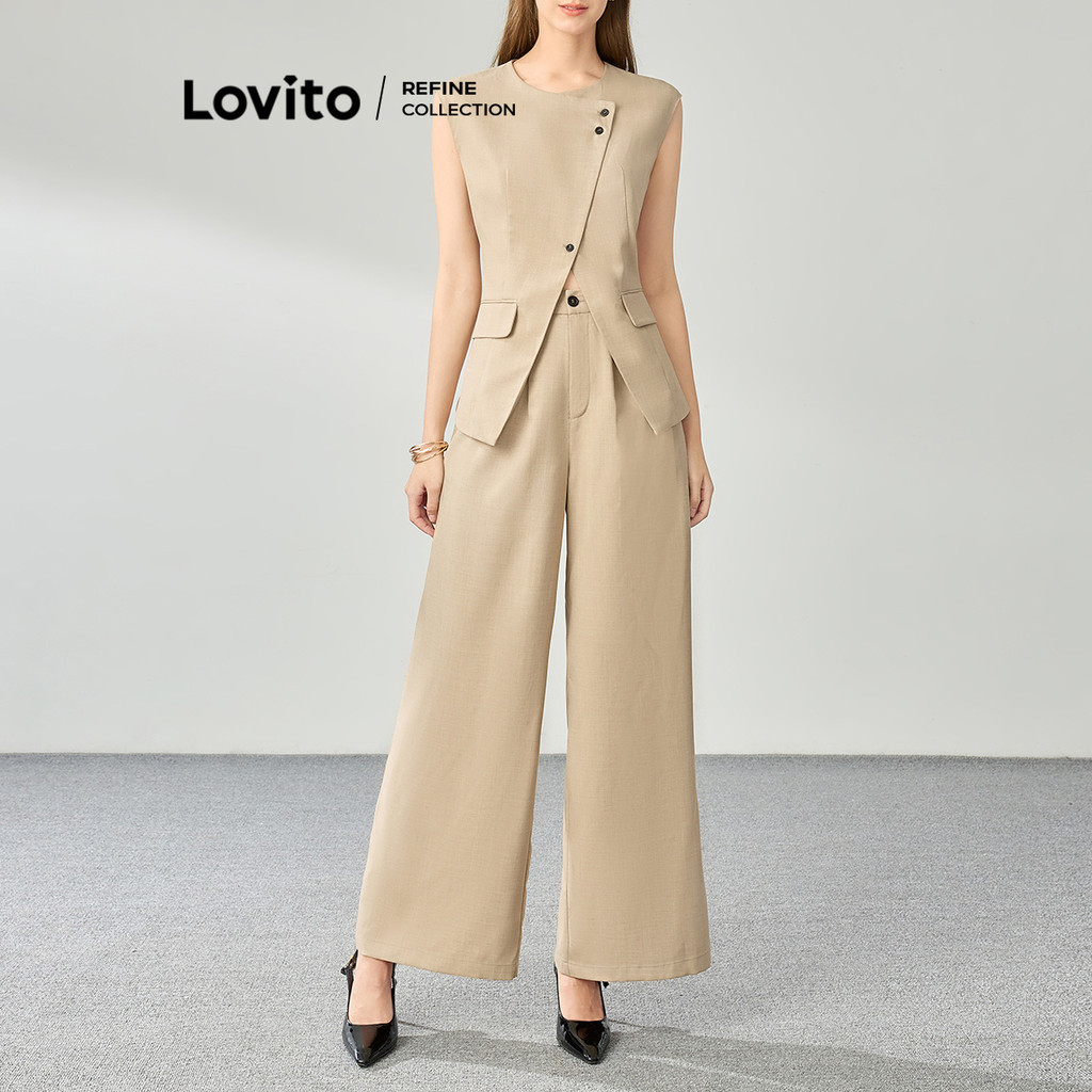 (Lovito Refine) Tops ou calças assimétricas femininas casuais com divisão lisa LR1LD037 - Women Clothes