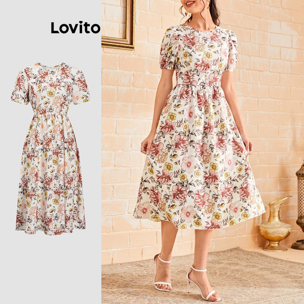 Lovito Vestido básico com estampa floral boho para mulheres LBL18715 em Oferta na Shopee