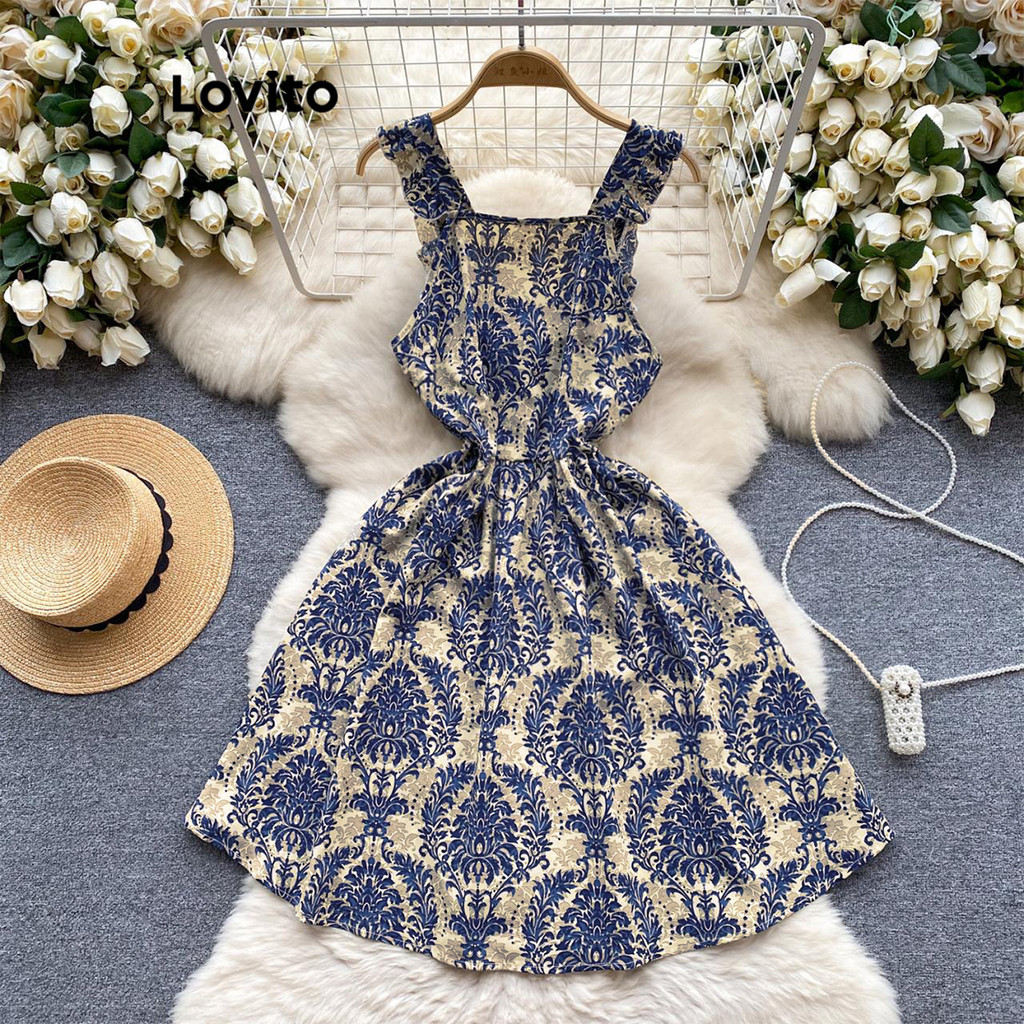 Lovito Vestido com estampa tribal boho e acabamento em alface para mulheres L113MD361 - Women Clothes