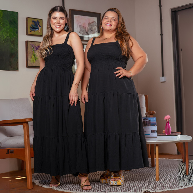 Vestido Feminino Longo Plus Size Busto de Lastex com Babados Estampado Soltinho