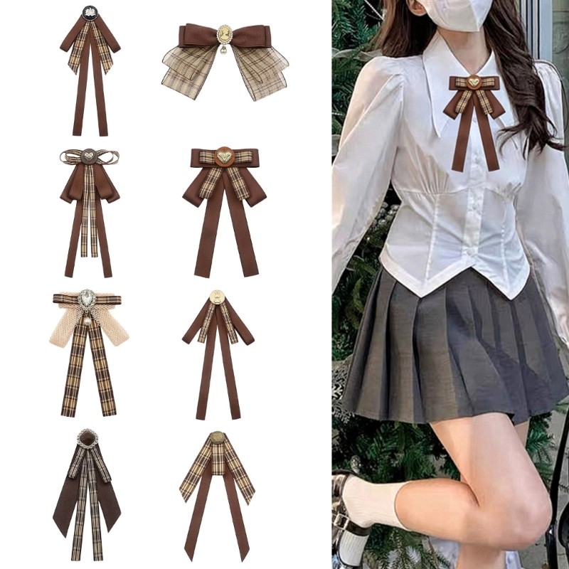 Estone Feminino Gravata Borboleta Broche Pino Uniforme Estudante Marrom Xadrez Bowknot Corsage Colar Jab
