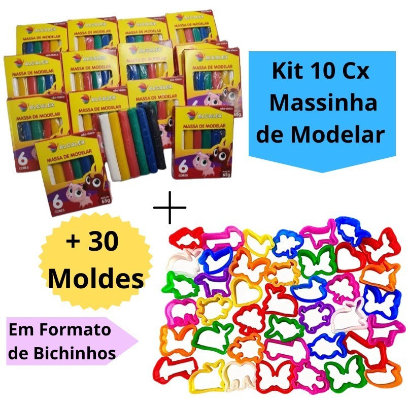 Kit 10 Cx Massinha de Modelar + 30 Molde Cortador Lembrancinha Kit Festa Infantil Escolar em Oferta na Shopee