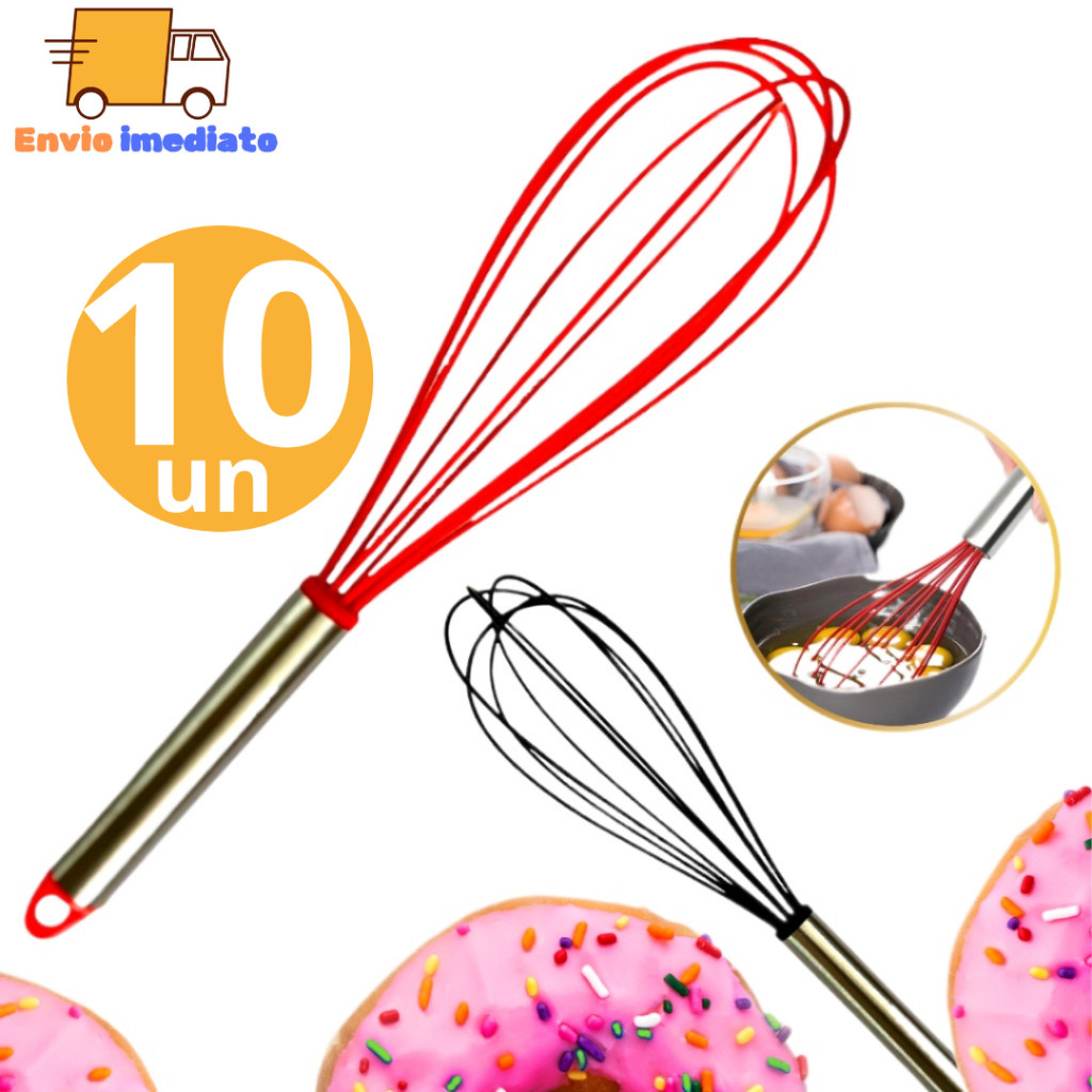 Kit 10 Batedores de Clara de Ovos Bolo Fue Fouet 30,5cm Inox com Silicone Multiuso Para Cozinha