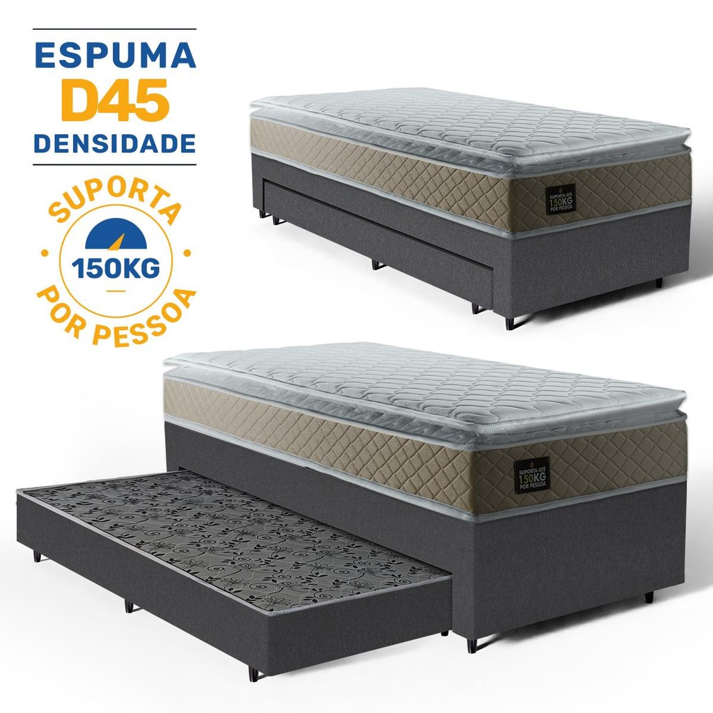 Cama Box com Colchão de Espuma D45 Pillow Top Strong One Face + Auxiliar de Espuma Solteiro 88cm