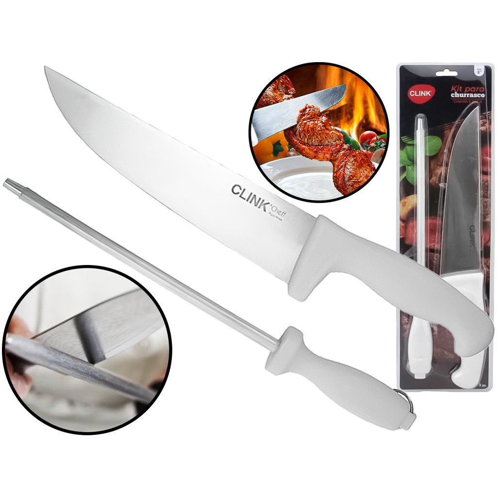Conjunto Para Churrasco Cozinha Faca + Chaira Afiador Manual Aço Inox Corte De Legumes Carnes Frutas Clink - Home & Living