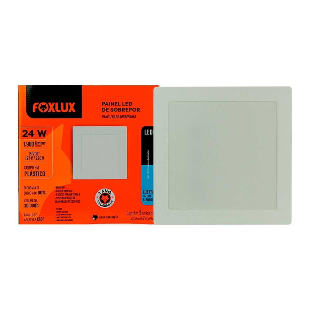 Plafon Painel LED Foxlux Plástico Quadrado Sobrepor - 24W 29cm 6,5K