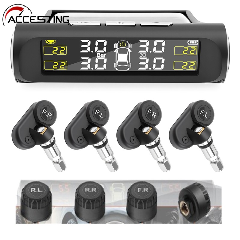 TPMS Sem Fio HD Carga Solar Sistema De Monitoramento De Alarme De Pressão De Pneus De Carro Display Liga Com Vibração 4 