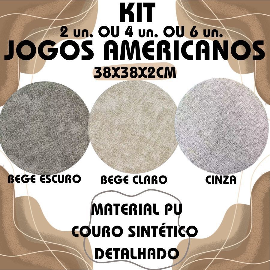 Kit Jogo Americano 2 ou 4 ou 6 Un. Cores Bege Escuro Ou Claro E Cinza 38x38x2cm Jantar Decoração
