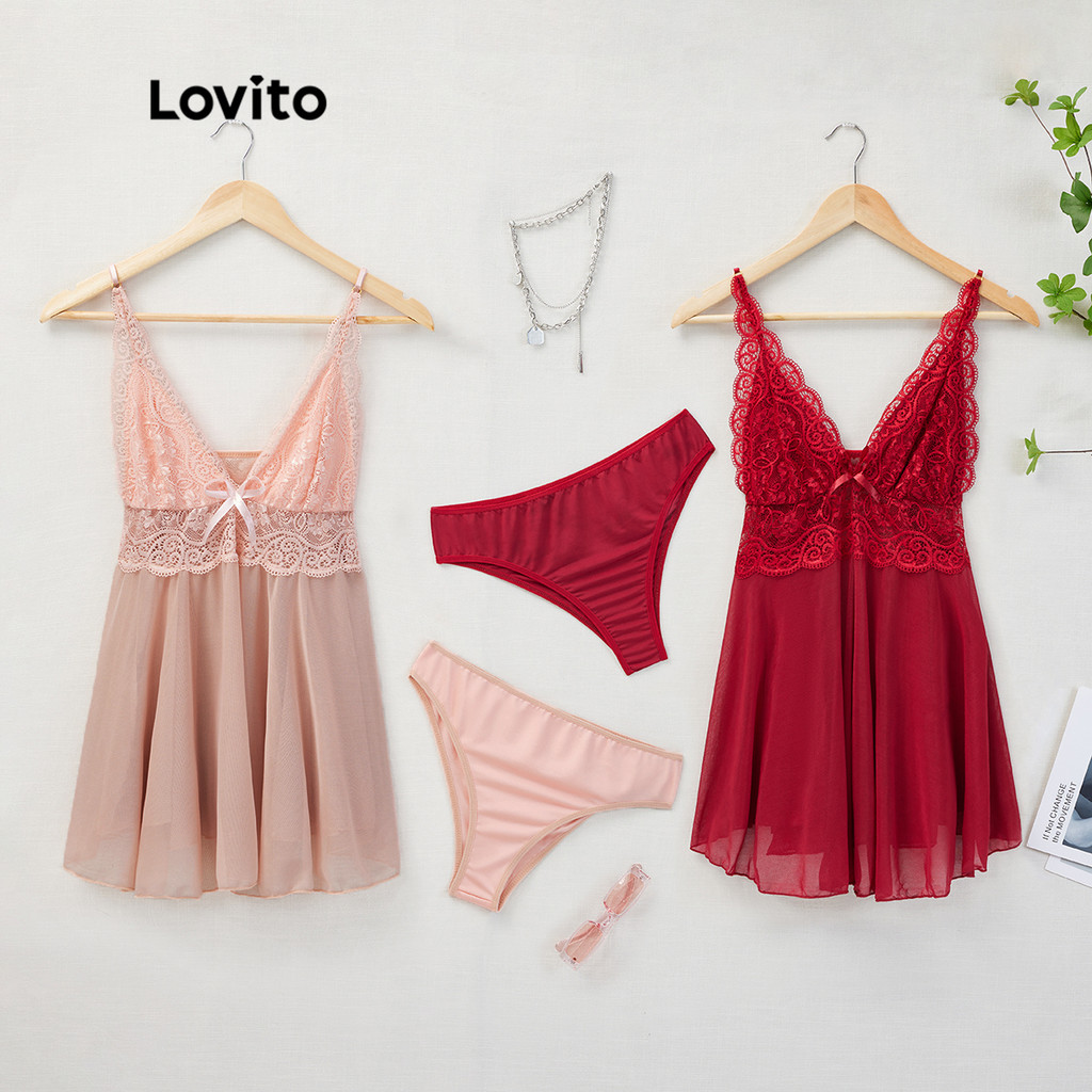 Lovito Lingerie Sexy de Renda Cintura Alta Decote V Profundo L17X059 (Rosa/Vermelho) em Oferta na Shopee