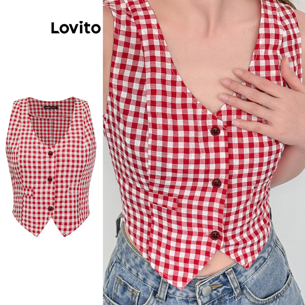 Lovito Regata Casual Xadrez Com Botão Frontal Para Mulheres L100MD503 - Women Clothes