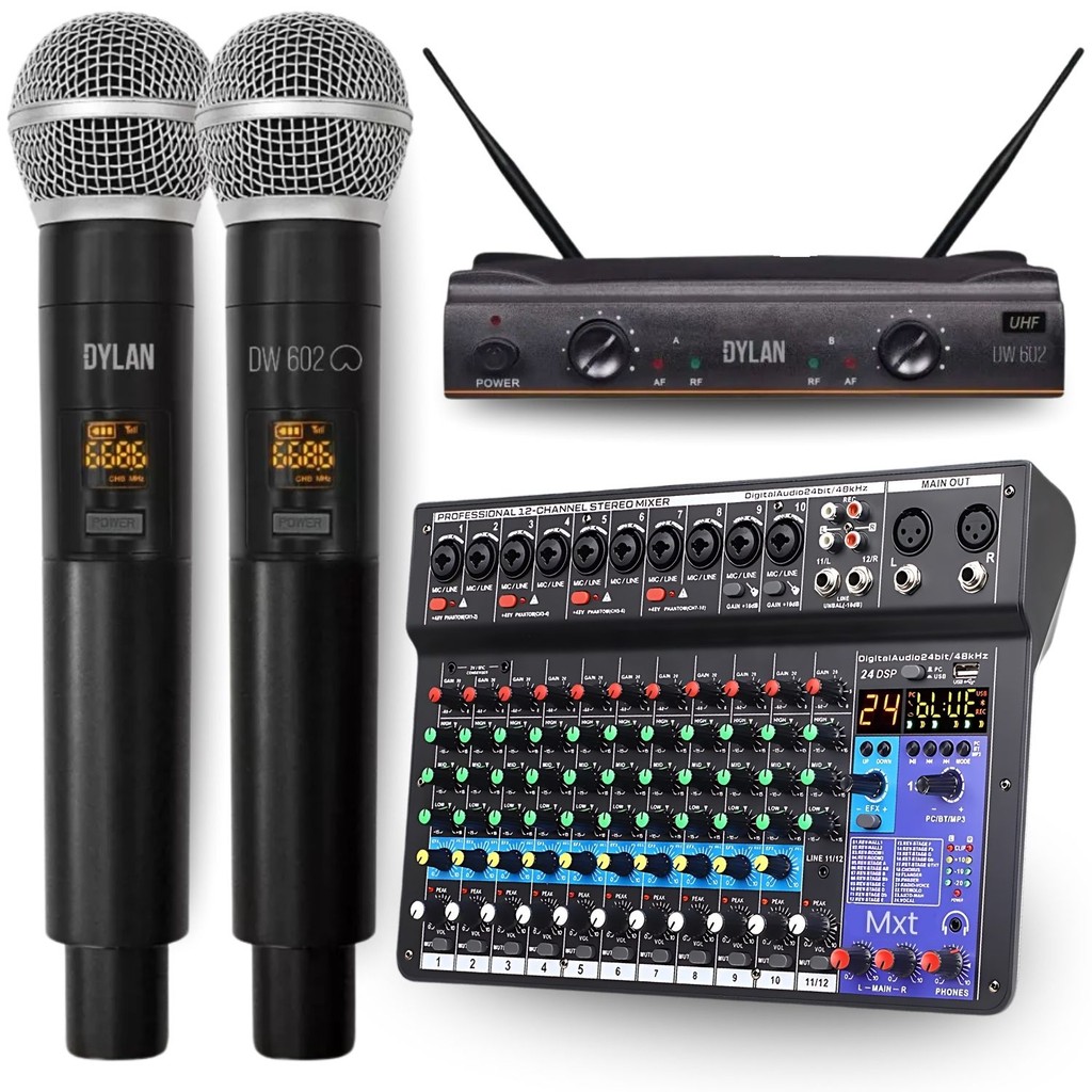 Kit Console Mesa Som 12 Canais Bluetooth Midi Usb Mixer Combo Efeitos + Microfone Dylan Duplo Sem Fio Cardiode Dinamico