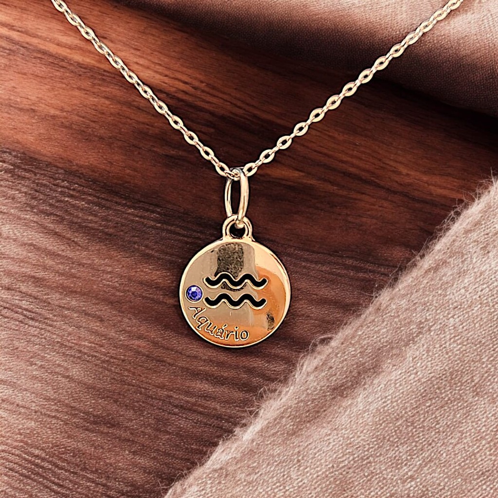 Corrente de Aço Inoxidável 316L e Pingente de Signo de Aquário em Zamac e Pedra da Sorte em Zircônia em Oferta na Shopee