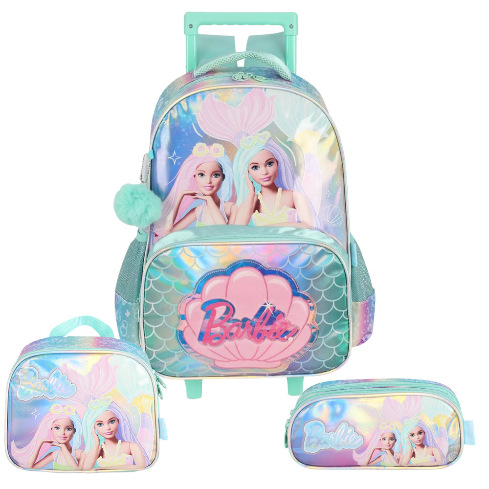 Kit Mochila Rodinhas 2 em 1 Lancheira Estojo Barbie Metálico