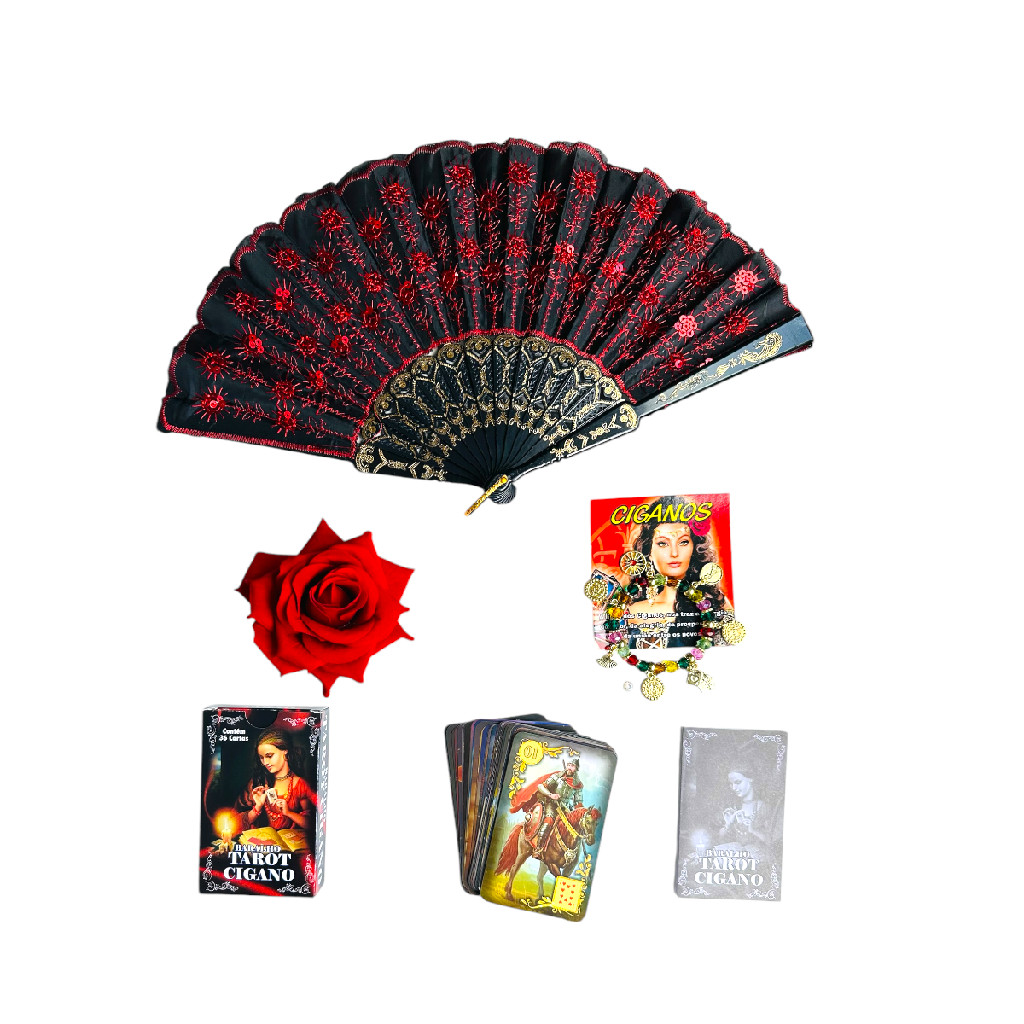 Kit Pomba Gira Cigana Leque, Tarô, Pulseira e Rosa de Cabelo Vermelha