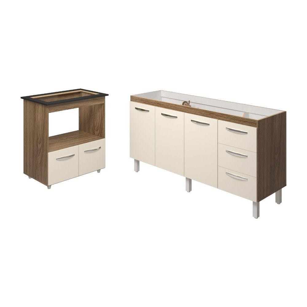 Cozinha Balcão Armário Gabinete De Pia 150 Cm Deise E Balcão Evelyn Para Fogão Cooktop 5 Bocas Savana Off White